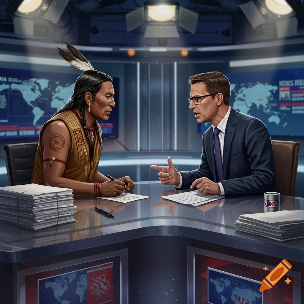 Two men, one in Indigenous attire and one in a suit, sit at a news desk discussing, in an illustrated style.