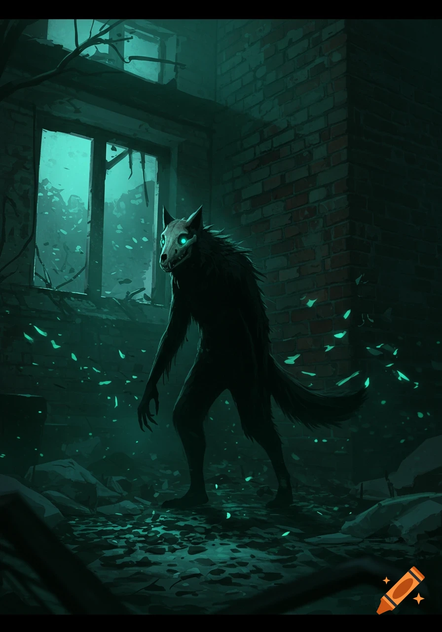 A bipedal creature with a skull for a head and glowing green eyes stands in a dark, abandoned room illuminated by an eerie green glow.