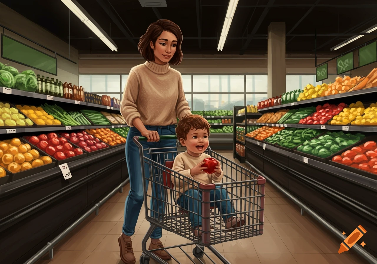 A mother pushes a child in a shopping cart through a grocery store produce aisle.