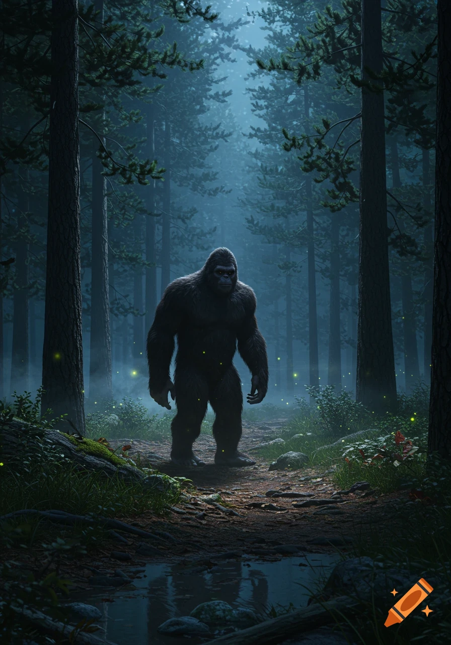 A realistic Bigfoot stands on a forest path amidst misty trees and glowing fireflies at night.