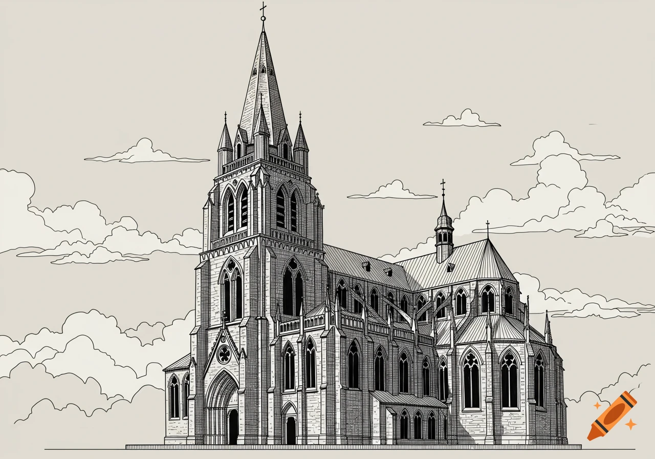 A line art illustration of a detailed gothic church with a tall spire, against a sky with simple clouds.