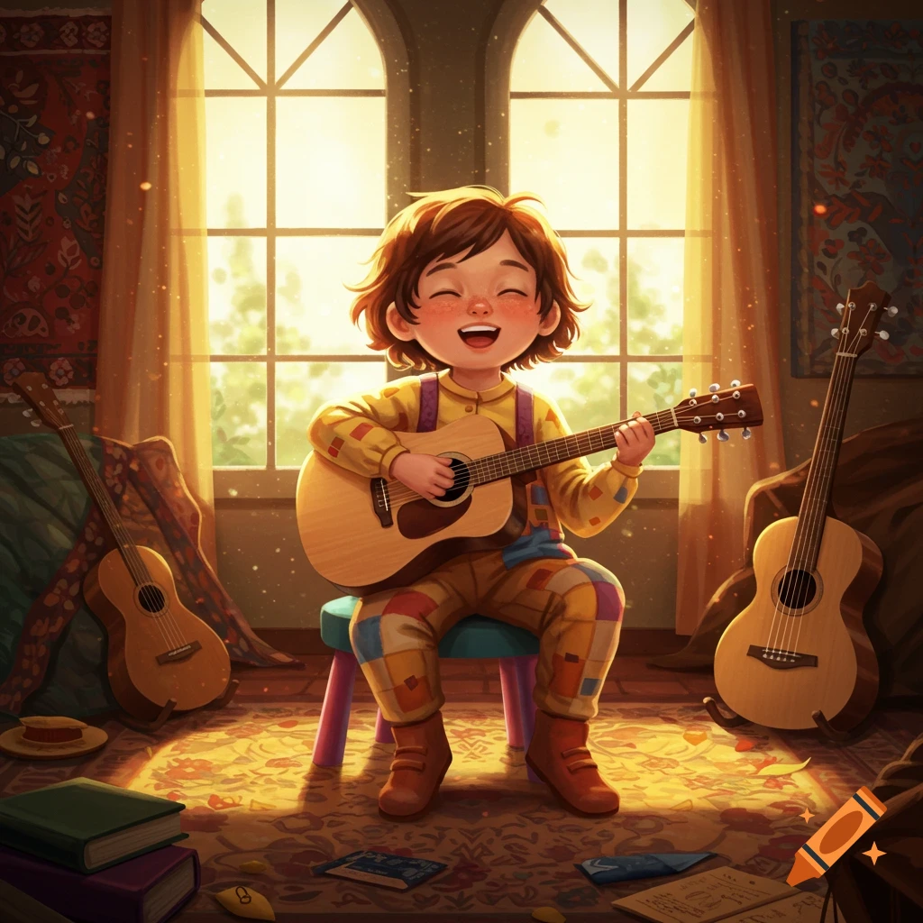 A happy child with brown hair playing an acoustic guitar, sitting on a stool in a sunlit room with other guitars and books. Stylized illustration.