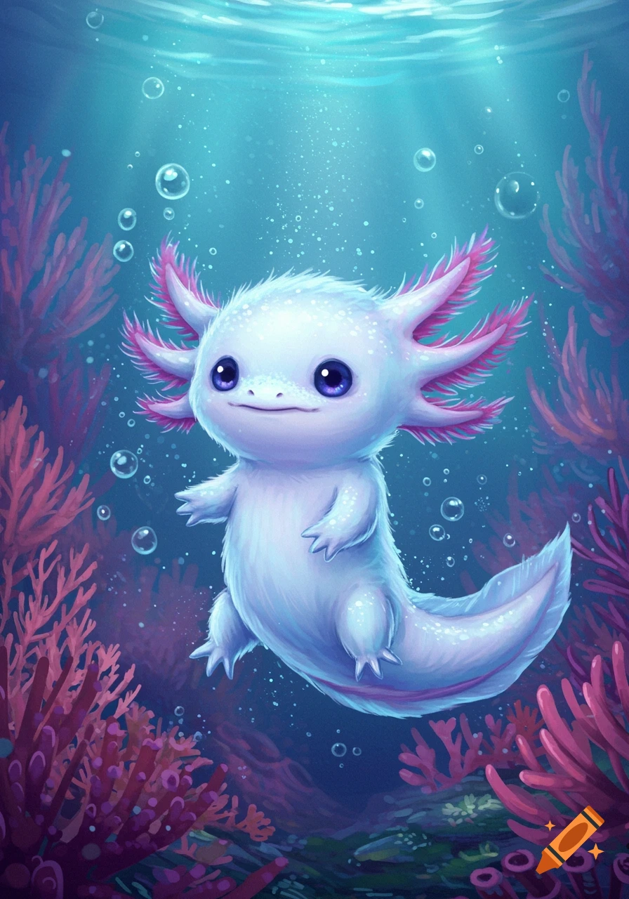 A cute, fluffy white axolotl with pink gills swims underwater among red coral and bubbles in a vibrant illustration.
