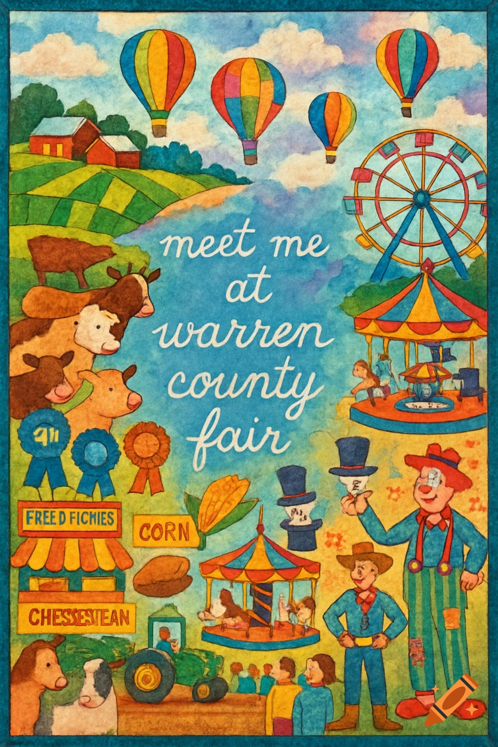 A colorful folk art watercolor painting depicting a lively county fair scene with hot air balloons, farm animals, a Ferris wheel, carousel, food stalls, and people. Text reads "meet me at Warren County Fair."