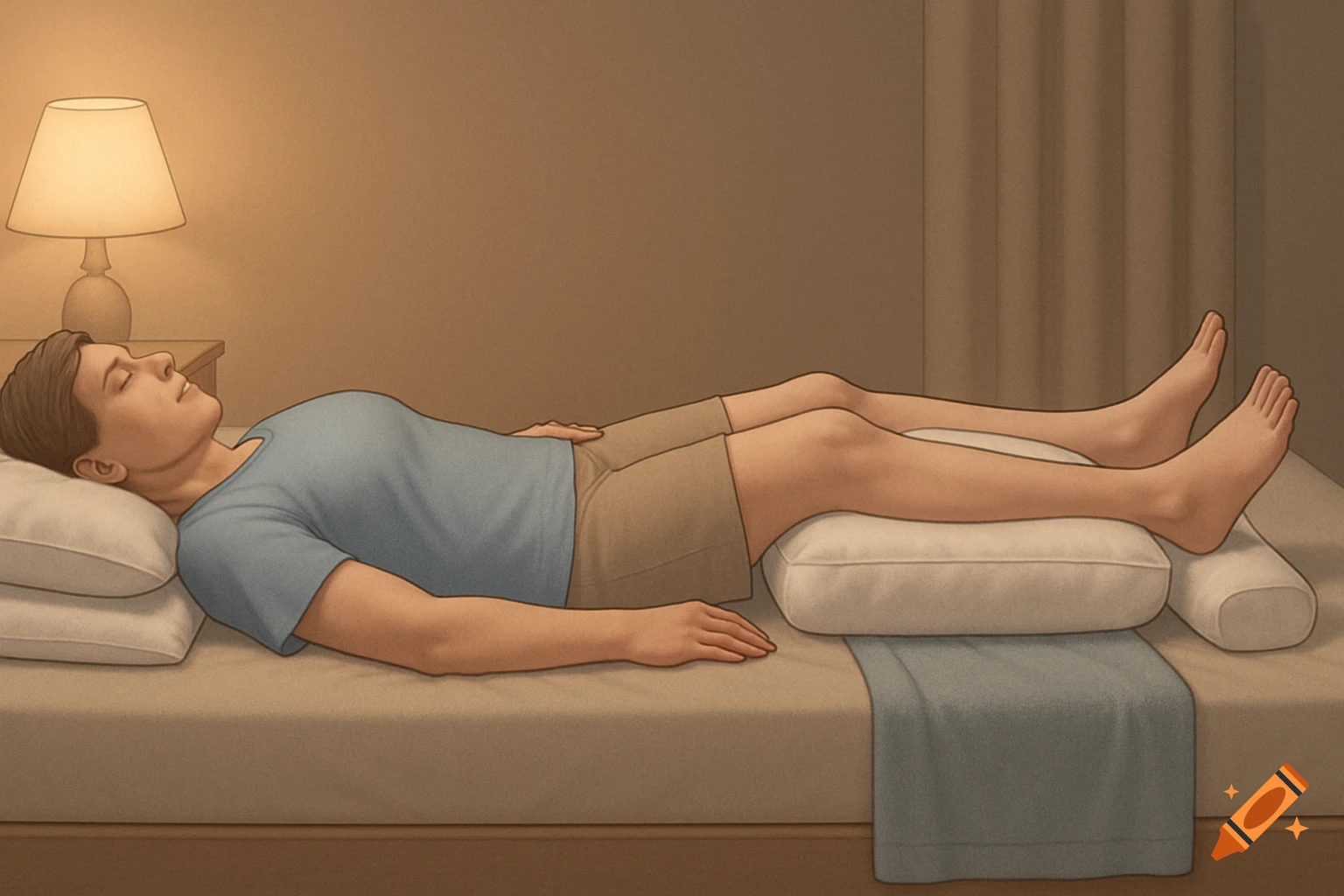 A medical illustration of an adult lying flat on their back in bed with pillows under their head and knees in a softly lit bedroom.