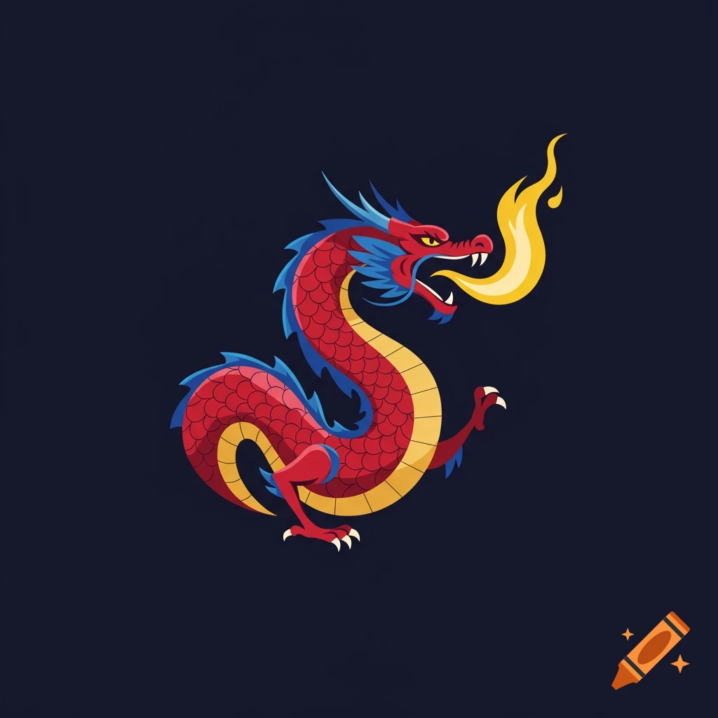 A vibrant red and blue cartoon dragon breathes yellow fire on a dark background.