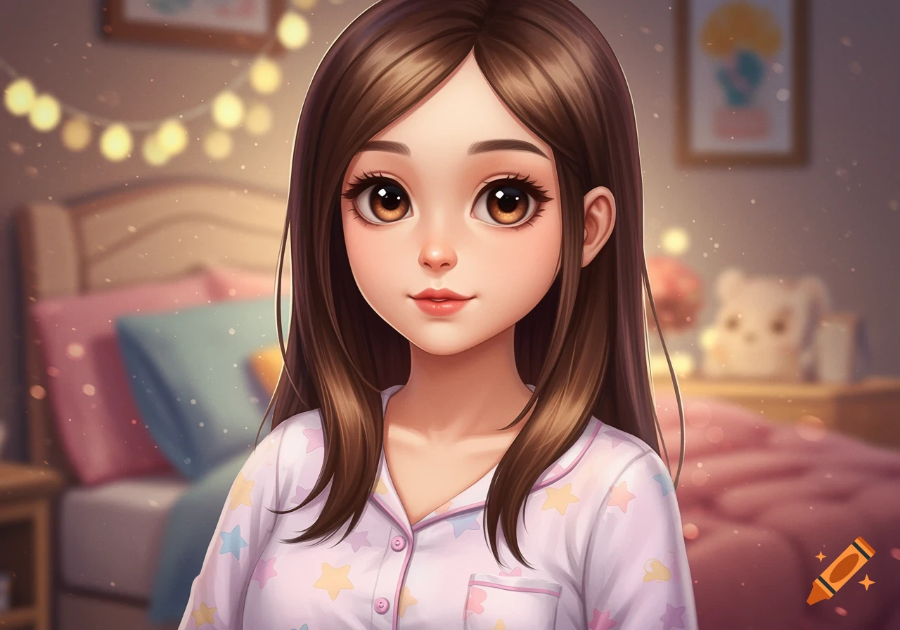 A close-up anime portrait of a cute girl with brown hair and big brown eyes, wearing star-patterned pajamas in a bedroom setting.