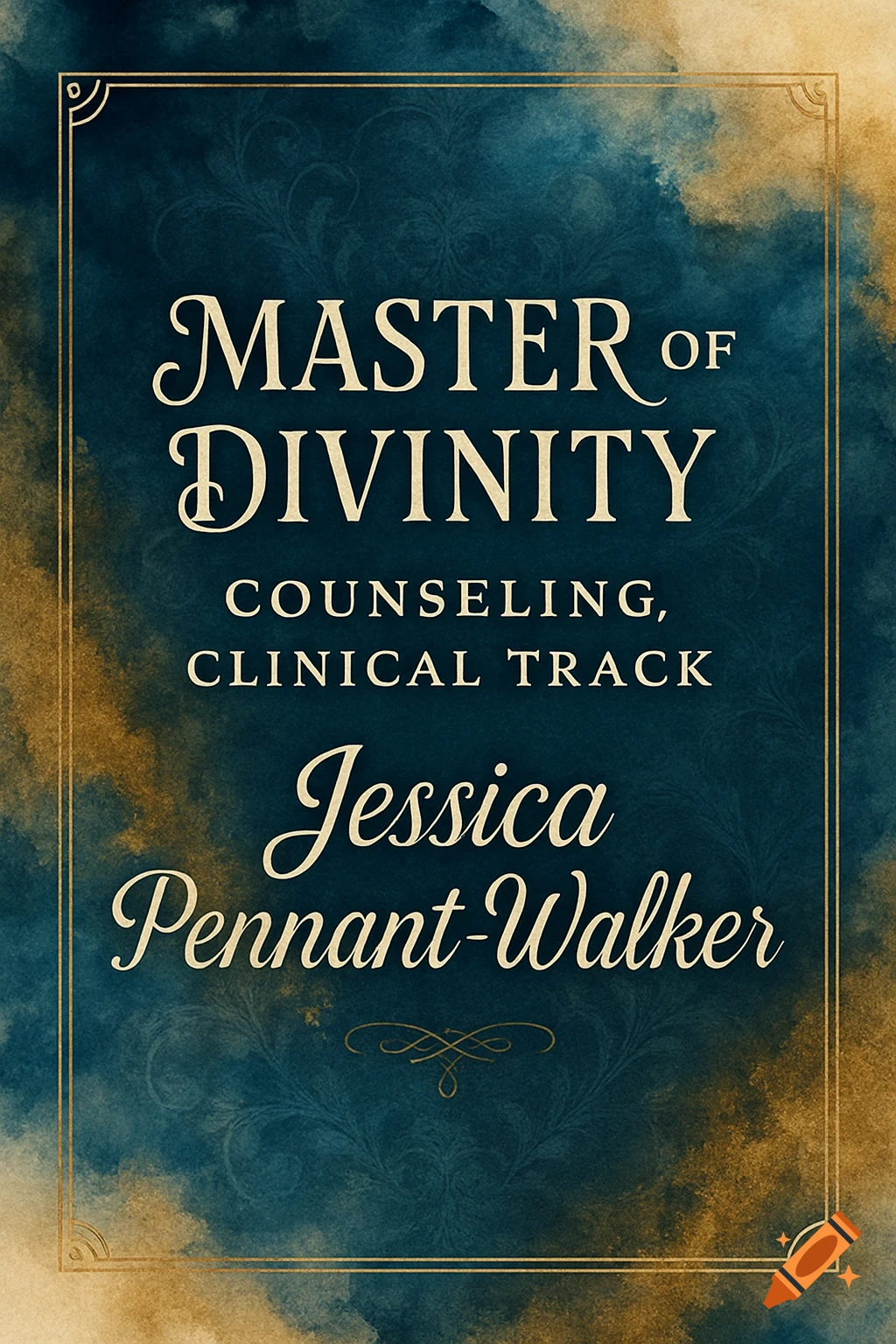 Book cover with a gold frame, blue and gold watercolor background, and elegant white text.