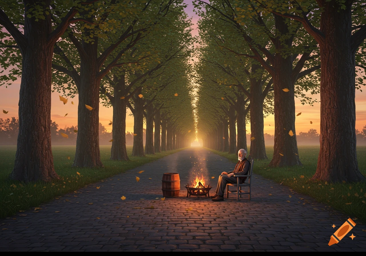 A photorealistic image of an old man sitting by a barrel fire on a long, tree-lined paved road at sunset.