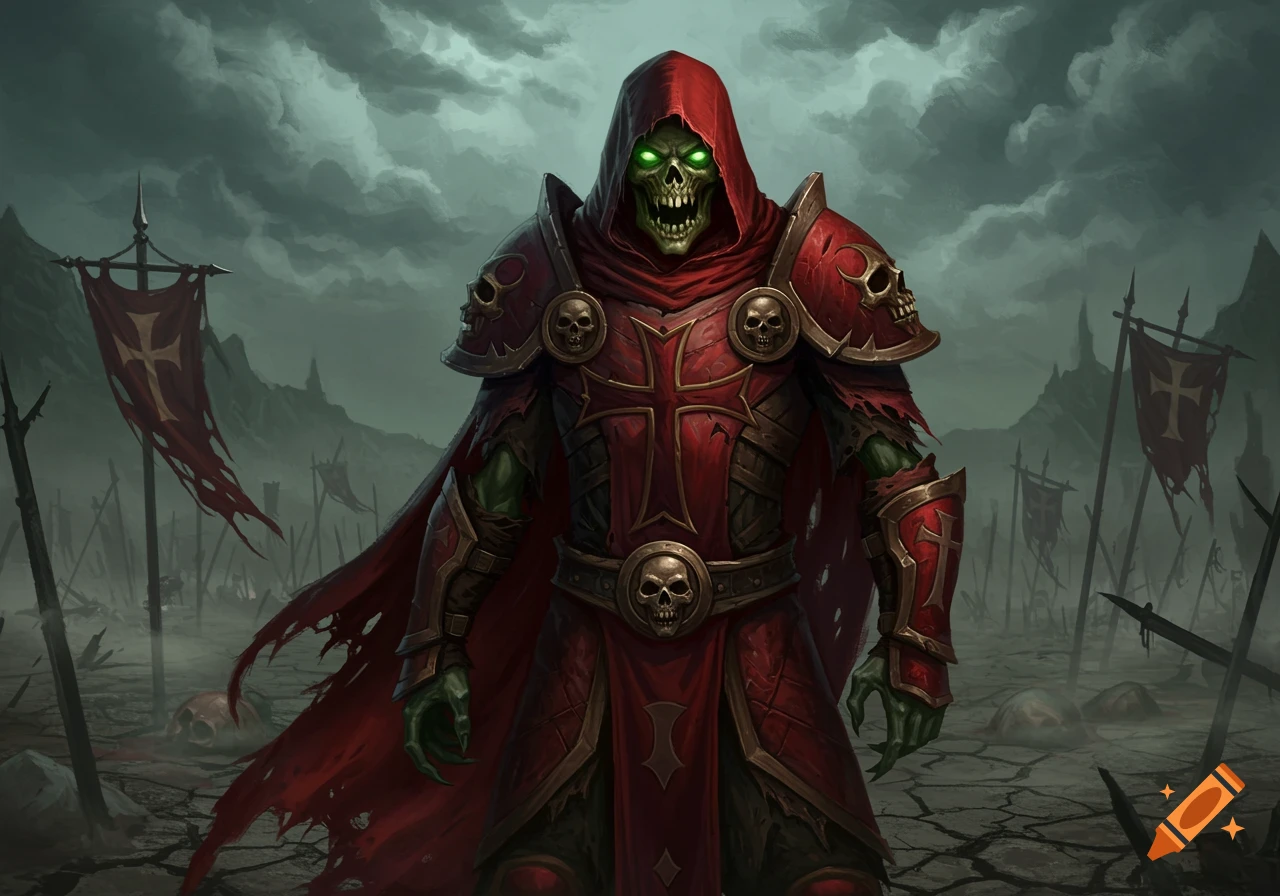 An undead warrior with green skin and glowing eyes in red and gold armor adorned with skulls stands on a desolate battlefield under a stormy sky.