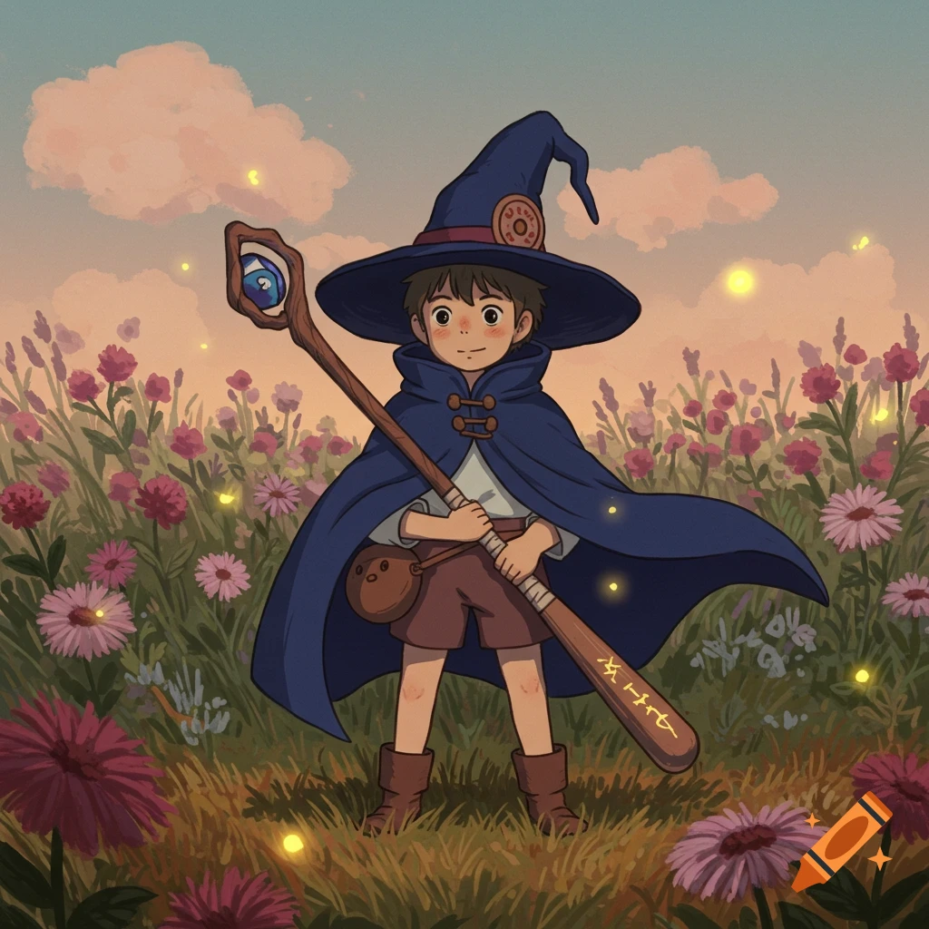 A young boy in a blue wizard hat and cape holds a baseball bat in a field of colorful flowers under a pastel sky, in Ghibli style.