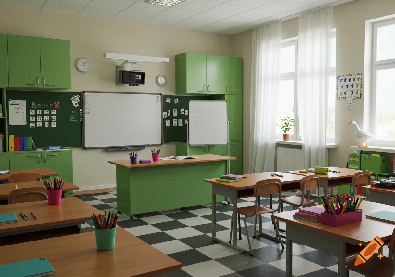 A photorealistic image of an empty classroom with green cabinets, wooden desks, a checkerboard floor, whiteboards, and a goose figurine on a window sill.