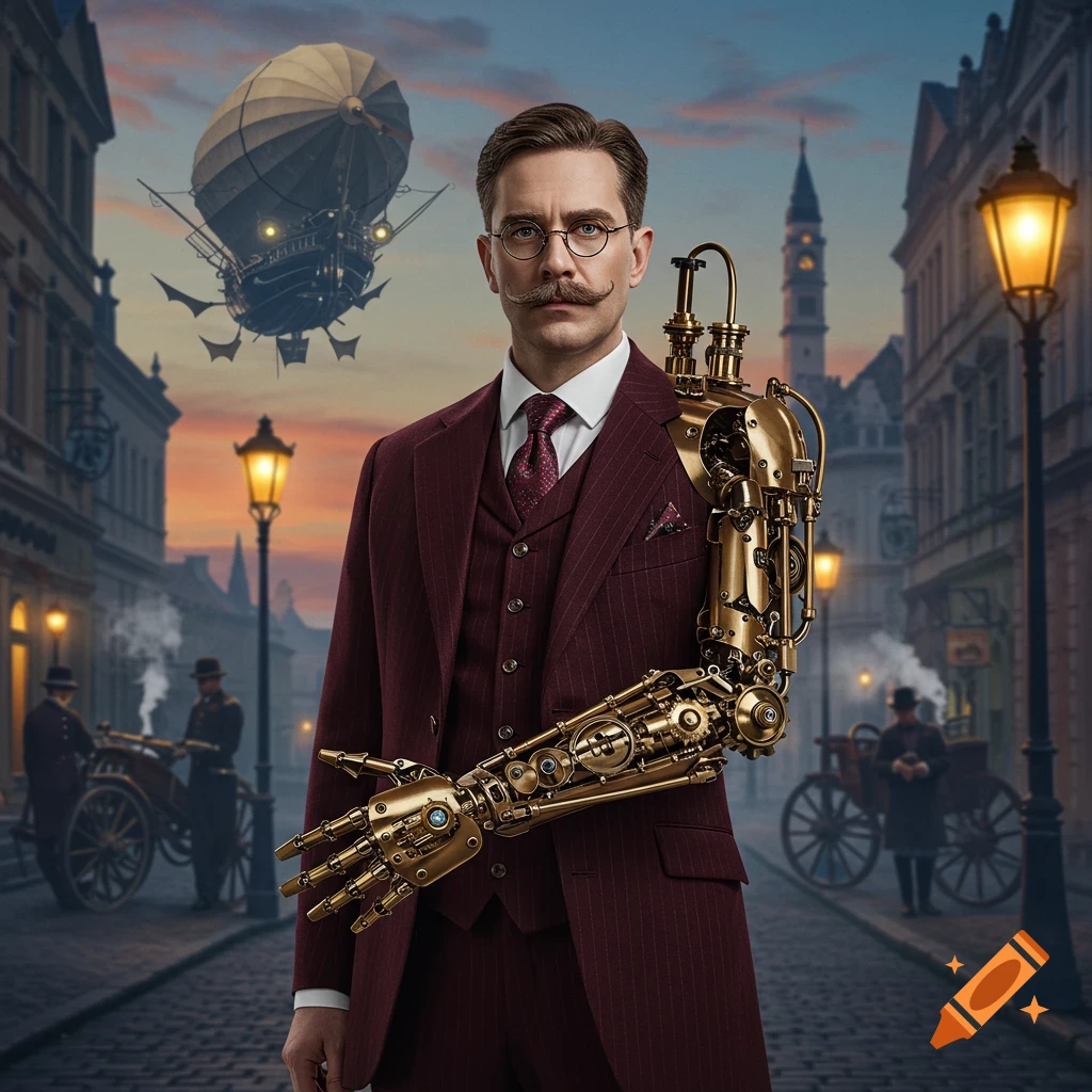 A dapper steampunk man in a burgundy suit with a detailed brass clockwork arm stands on a cobblestone street at dusk, with an airship flying.