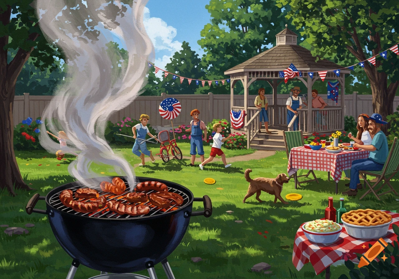 An illustration of a vibrant outdoor backyard barbecue with a family, children playing, a dog, and food on a grill and table, decorated with American flag bunting.