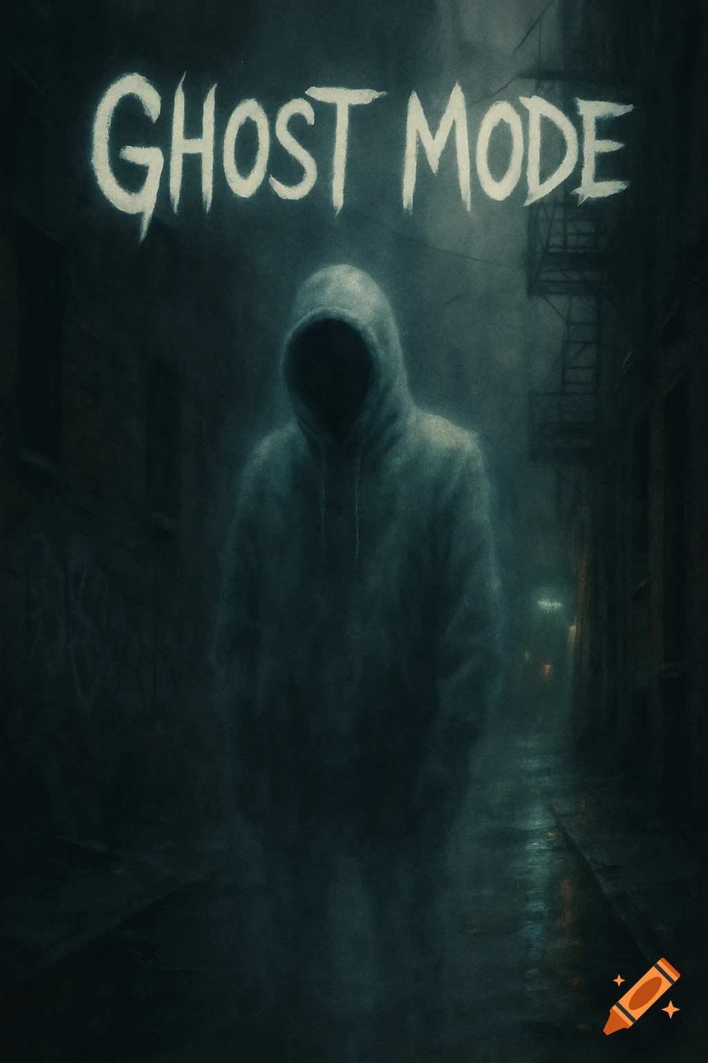 A dark, moody digital art image of a ghostly hooded figure in a misty alley. 'GHOST MODE' text floats above.