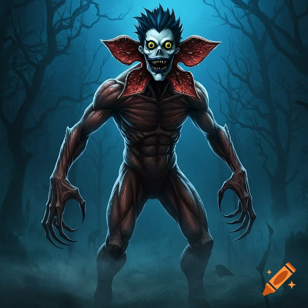 A terrifying monster with a muscular body, long claws, pale face, wide yellow eyes, spiky dark hair, and a red collar stands in a foggy forest.