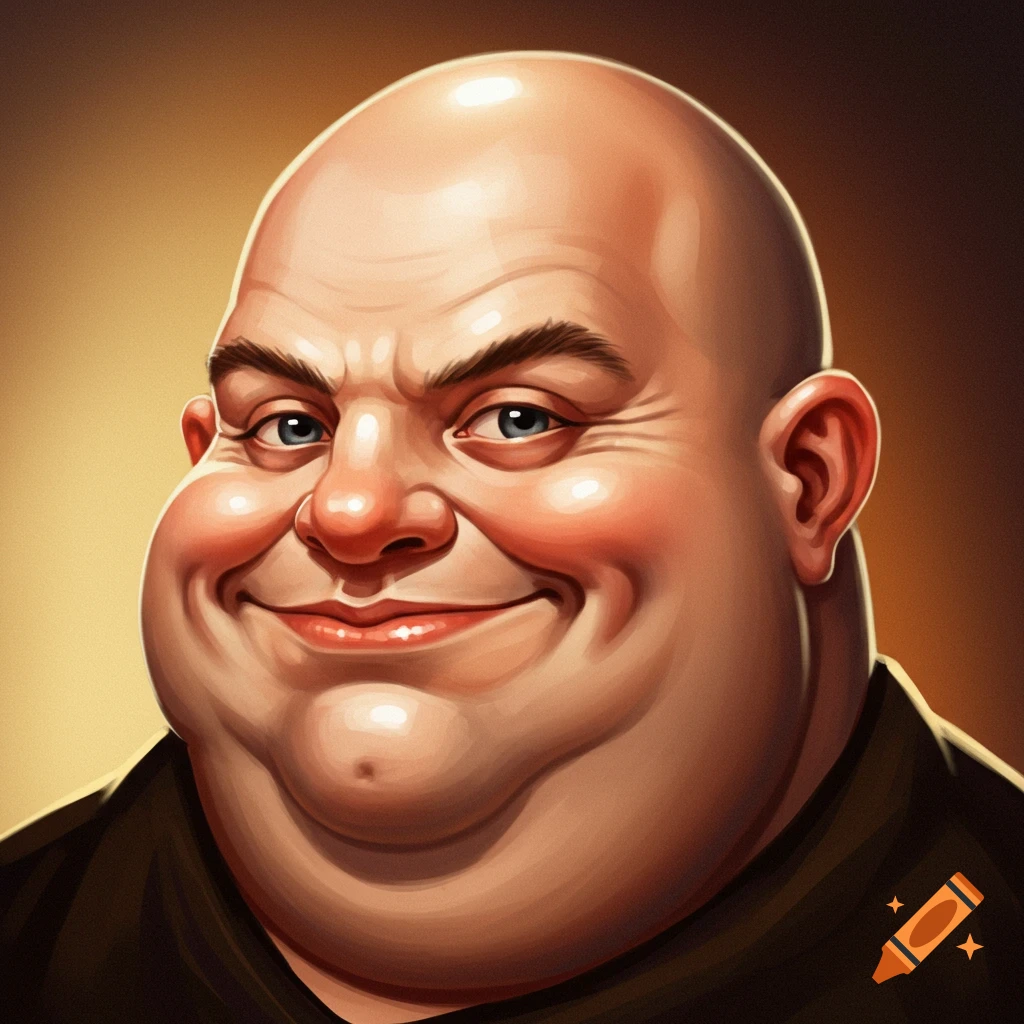 A stylized caricature portrait of a bald, chubby man with blue eyes and a smug expression.