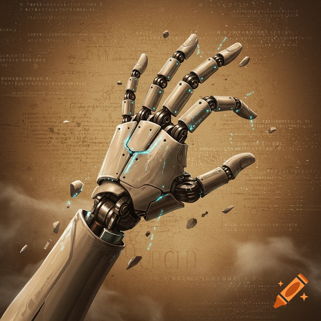 Detailed robotic hand with glowing blue lines, surrounded by floating debris and abstract code on a textured brown background.