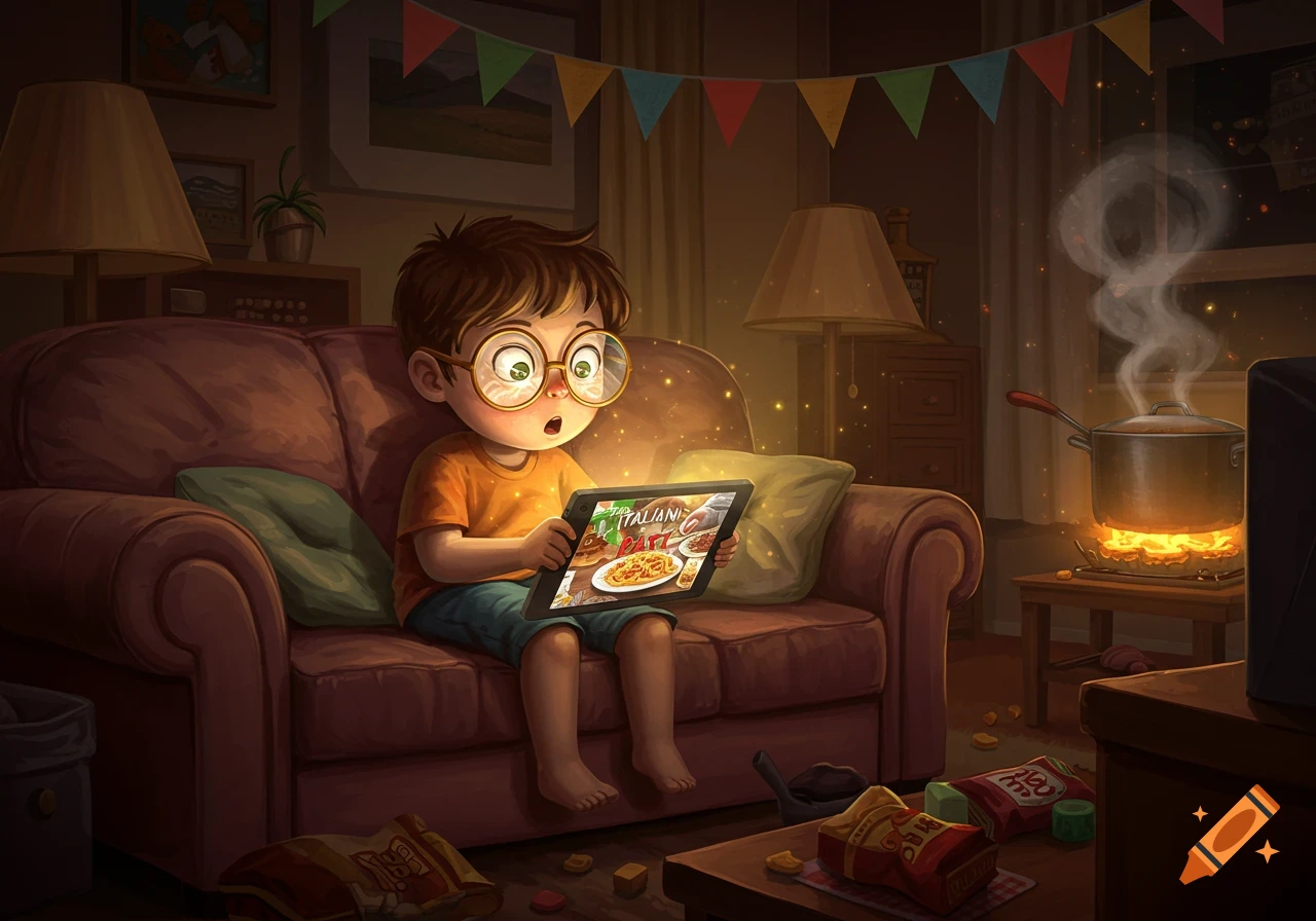 A cartoon boy with glasses sits on a couch, mesmerized by a glowing tablet displaying food. A steaming pot cooks nearby.