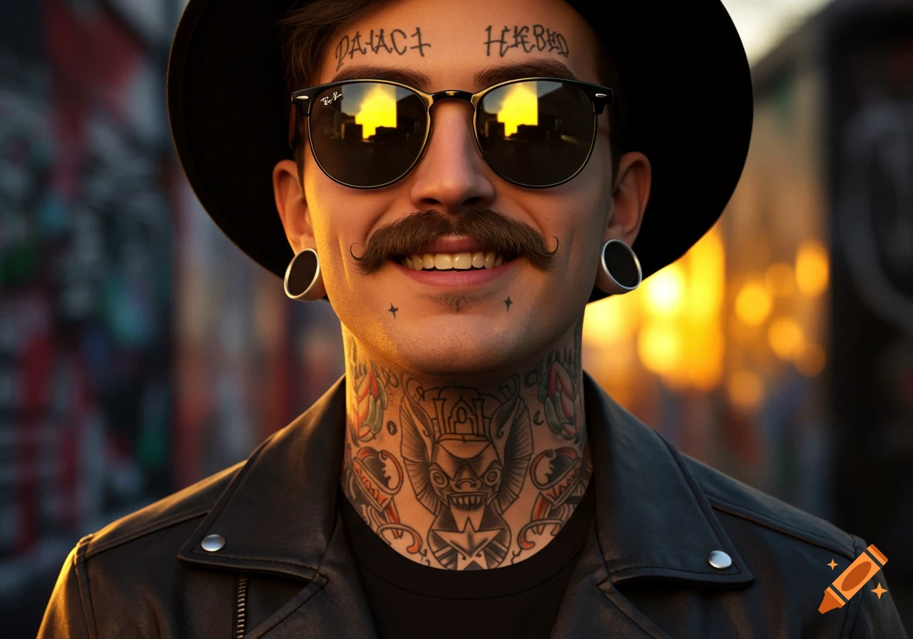 A close-up photorealistic portrait of a man with a handlebar mustache, sunglasses, ear gauges, and neck tattoos, wearing a black hat and leather jacket.
