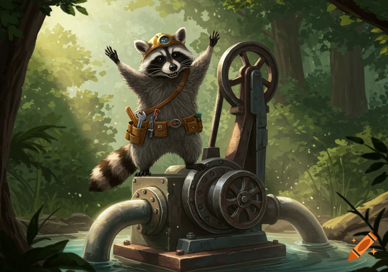 A happy raccoon wearing a hard hat and tool belt stands on a water pump in a lush green forest.