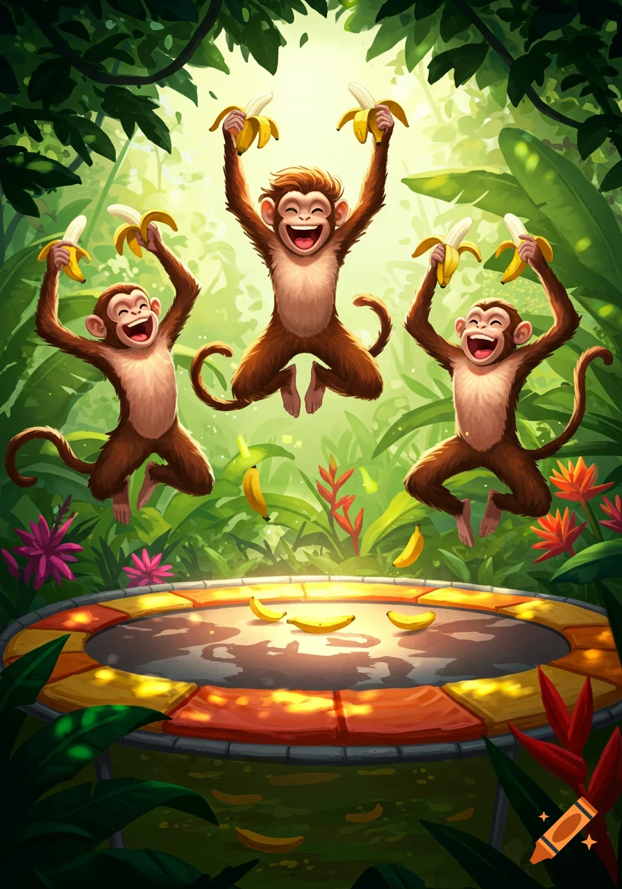 Three happy cartoon monkeys jump with bananas over a trampoline in a vibrant jungle.