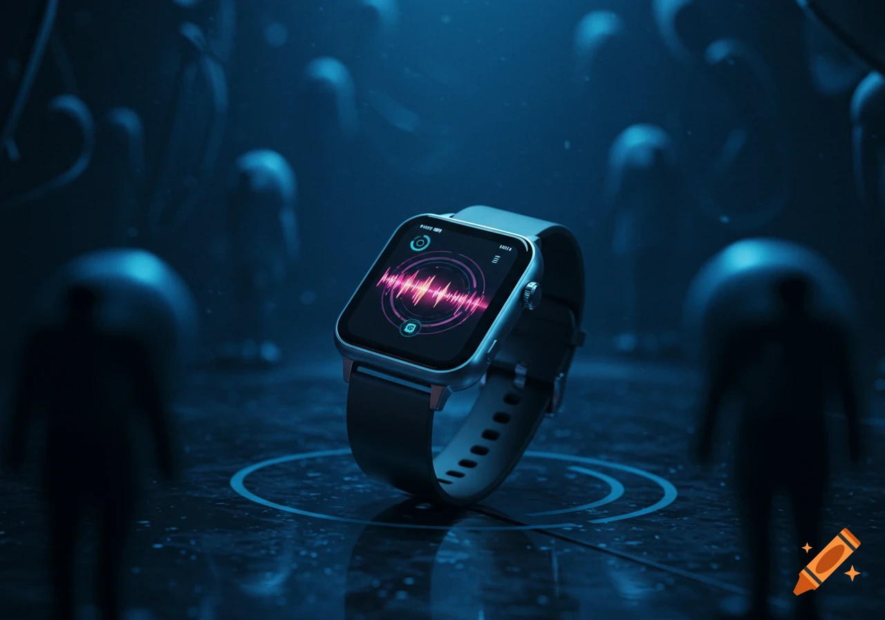 A futuristic smartwatch with a glowing sound wave display stands on a reflective dark blue surface, surrounded by blurry figures.