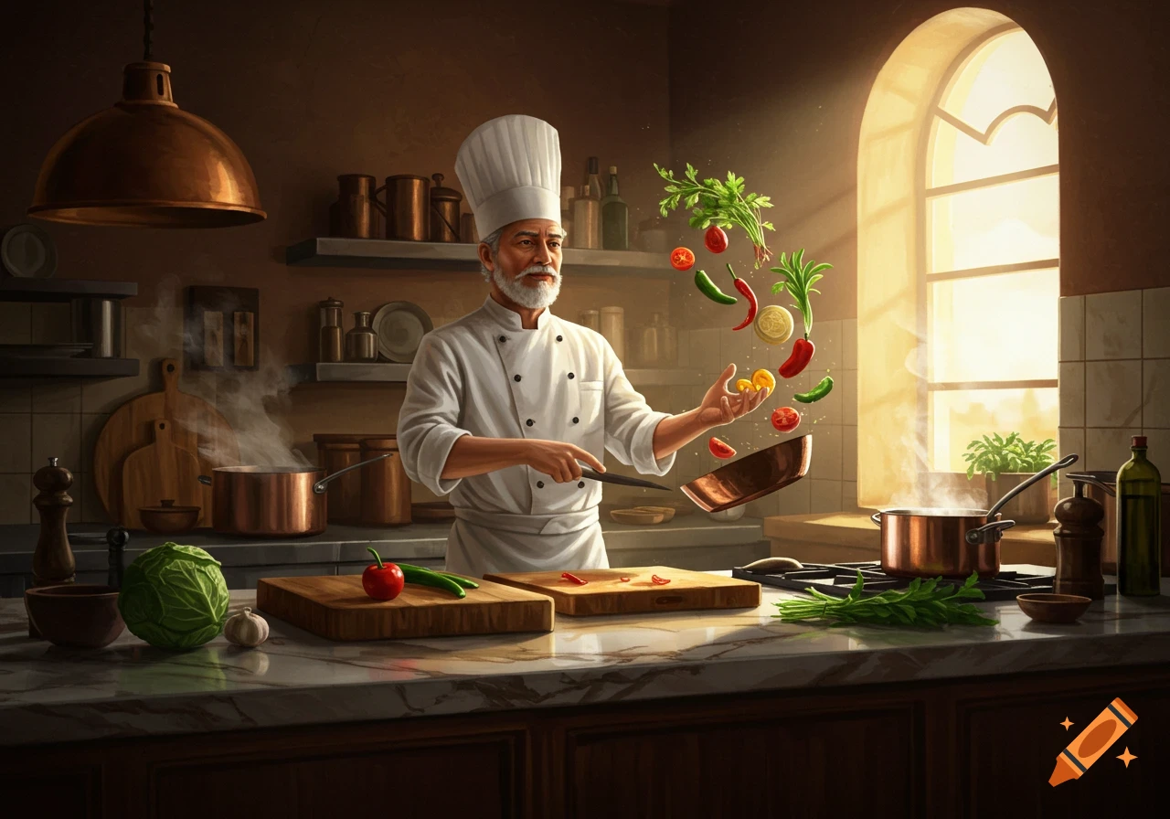 A male chef with a beard and white uniform is tossing vegetables in a pan in a brightly lit kitchen.