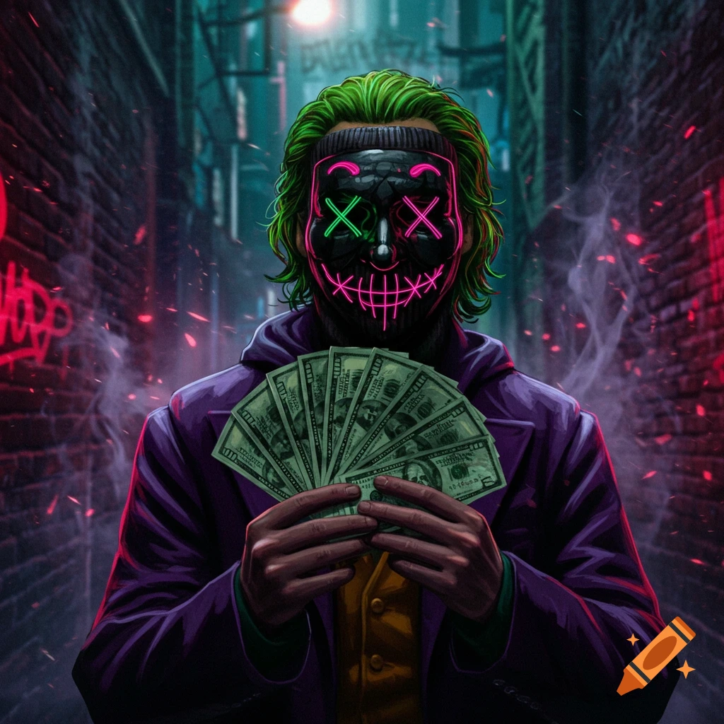 A person with green hair and a neon light-up mask holding fanned money in a dark alley with red and green lighting.