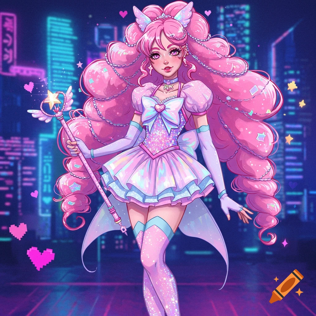 Pink-haired magical girl in a glittery dress holding a star wand in a neon city setting, anime style.