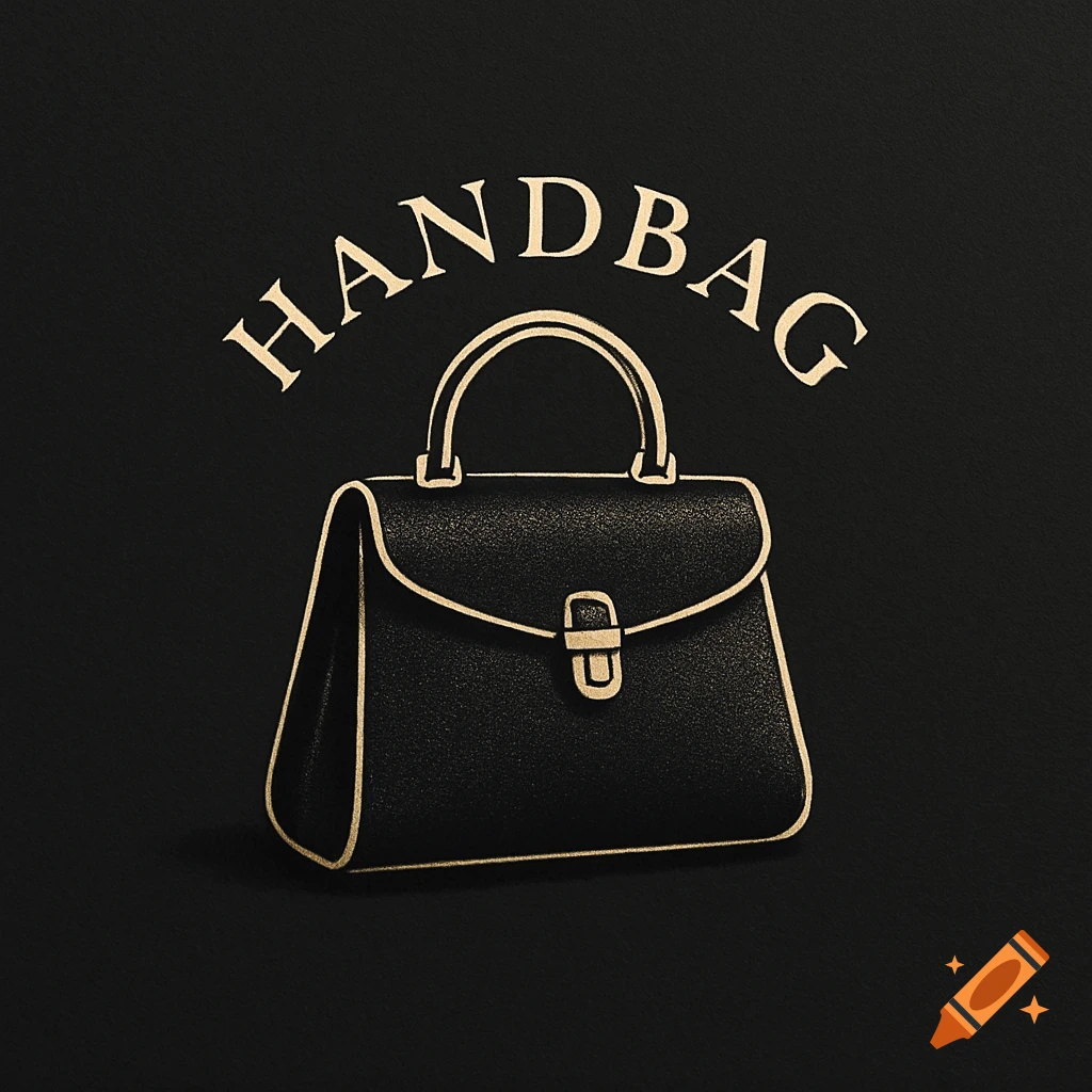 A stylized black handbag with gold trim and the word HANDBAG above it, on a black background.
