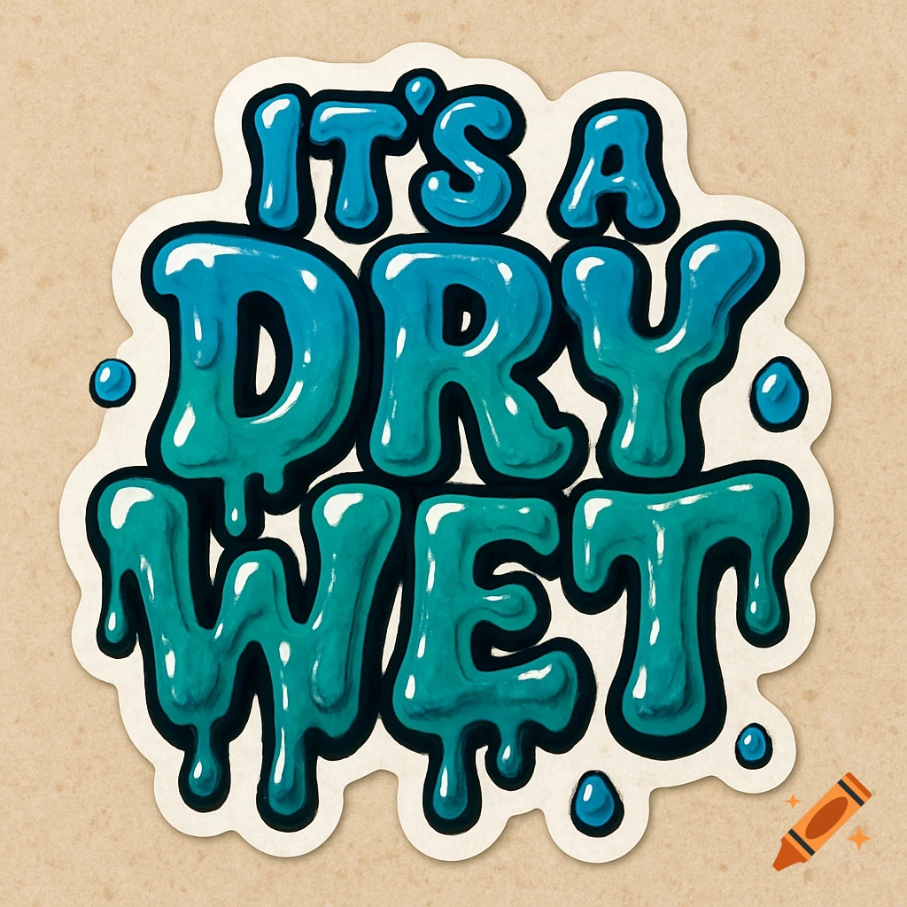 A blue and teal drippy, gloopy sticker saying "IT'S A DRY WET" on a beige background.