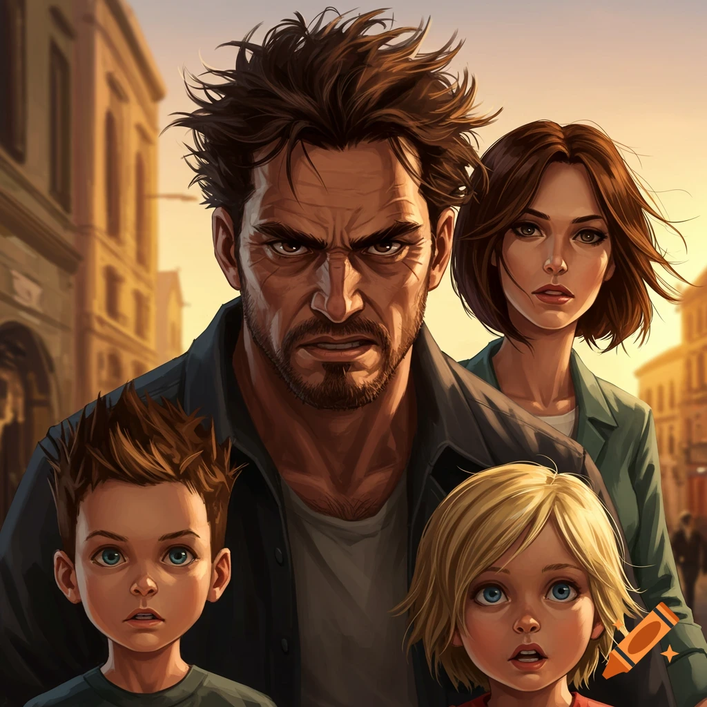 A stylized illustration of a serious man, a woman, and two children looking forward, with city buildings in the background.