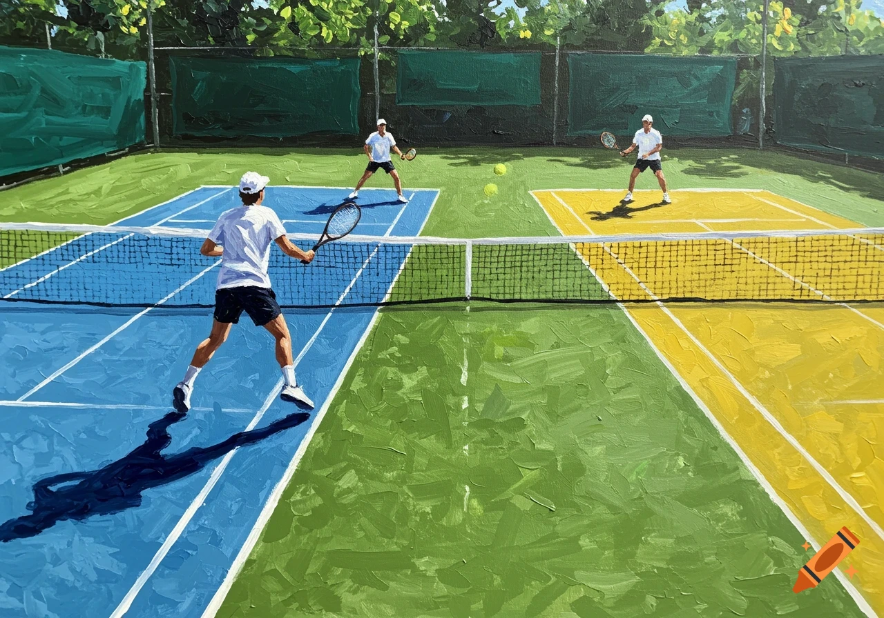 A vibrant, painterly view of a tennis match with two players on a court featuring blue, yellow, and green sections.