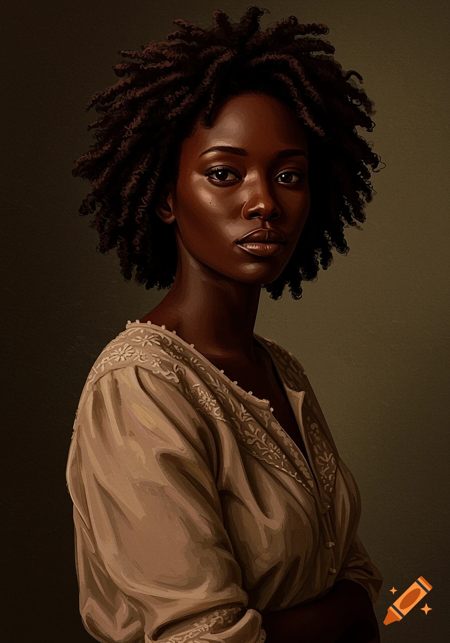 A painted portrait of a Black woman with natural textured hair in soft twists, wearing a vintage-inspired embroidered blouse, against a moody, muted background.