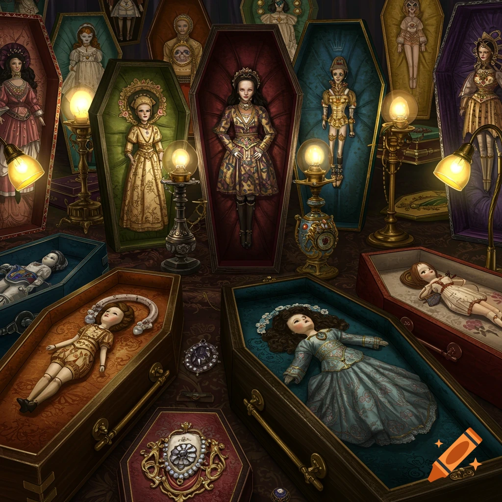 Numerous antique-style dolls displayed in various colorful open coffin-shaped boxes, illuminated by glowing lamps.