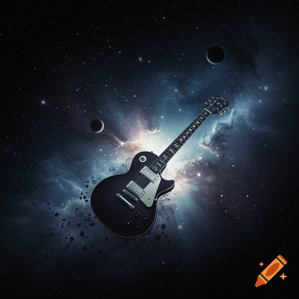 Black electric guitar floating in deep space with glowing nebula, stars, and dark planets.