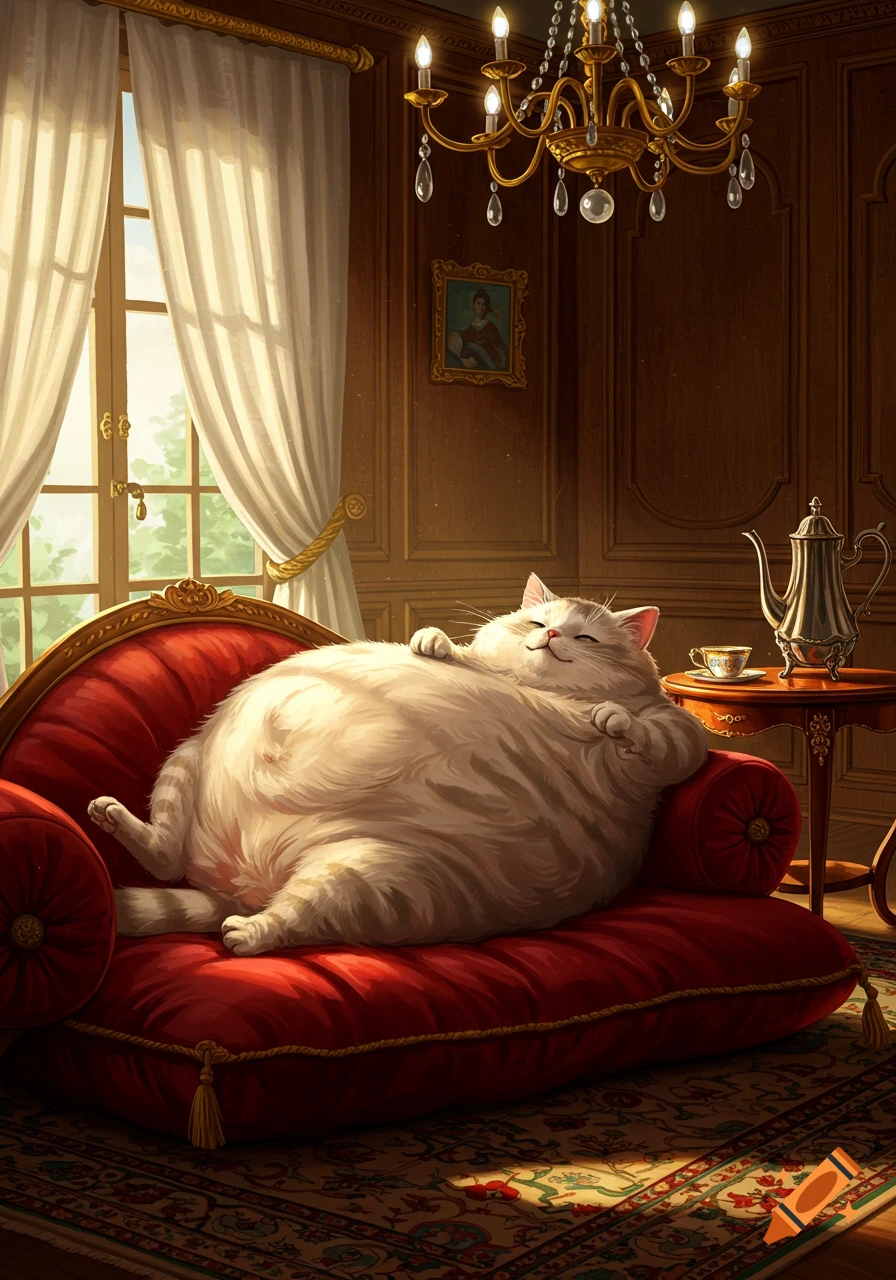 A very fat, contented white cat sprawled on a red velvet couch in a lavish room with a large window and chandelier, bathed in sunlight.
