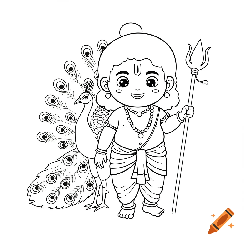 Chibi Lord Muruga stands smiling, holding a spear, with a peacock behind him. Black and white line art for coloring.