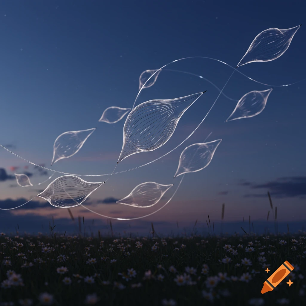 Translucent, lined leaf-like shapes float on thin strands above a field of white flowers at dusk.