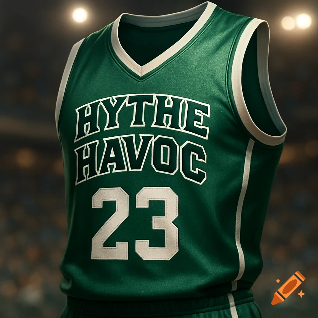 Photorealistic image of a green basketball jersey with the words "HYTHE HAVOC" and the number "23" in white, against a blurry basketball court background.