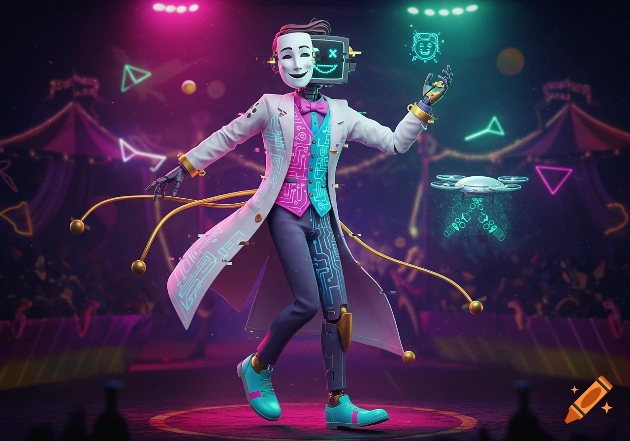 A stylized character with a half mask, half digital screen face, wearing a lab coat with circuit patterns, standing in a vibrant digital circus with a drone.
