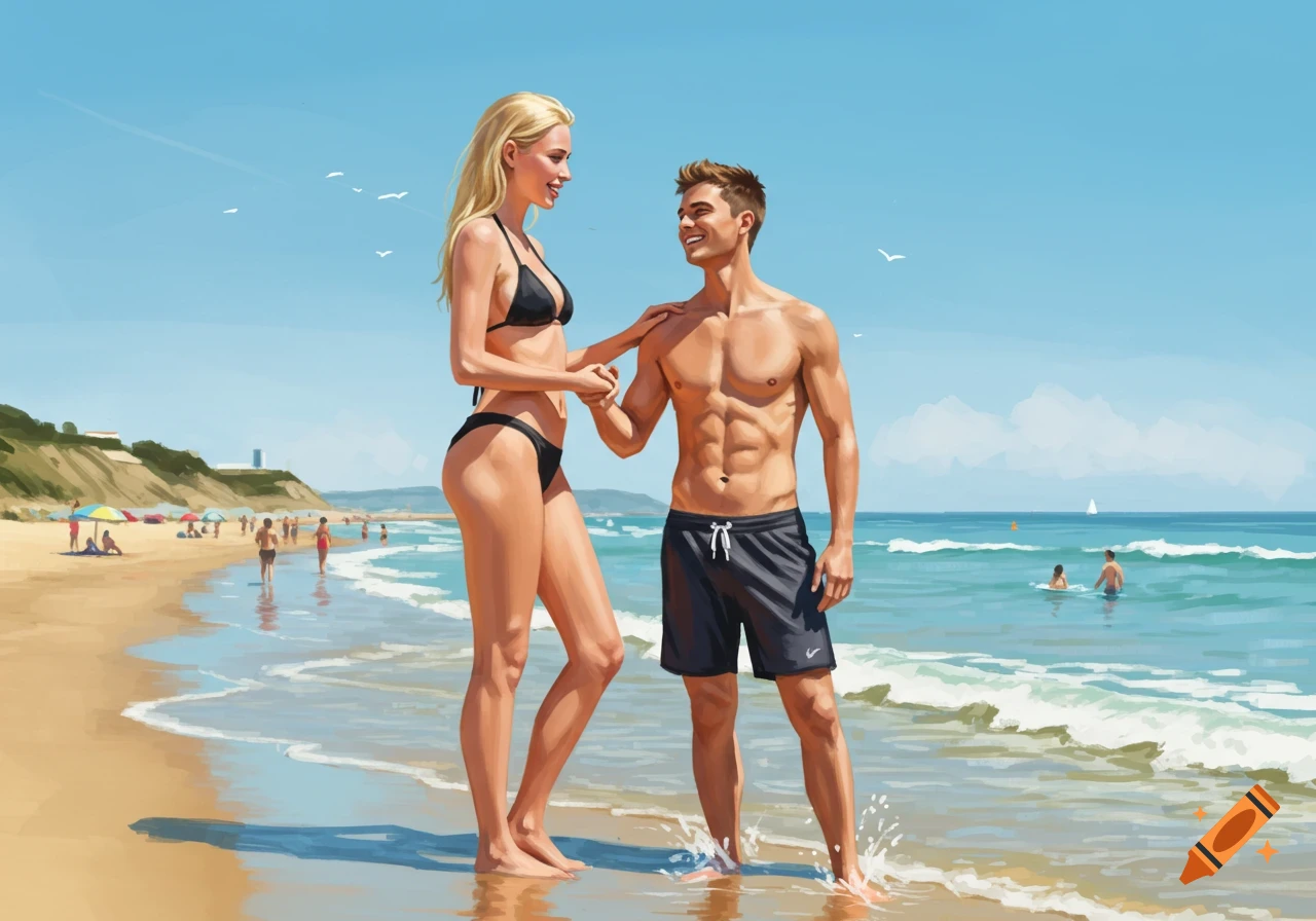 A tall woman in a black bikini and a man in swim trunks smiling at each other on a sunny beach.