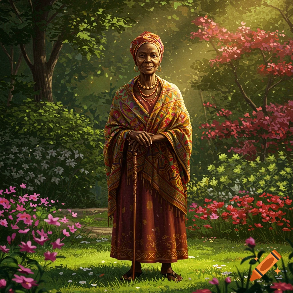 Elderly Black woman in a colorful shawl and turban holding a walking stick, standing in a sunlit vibrant garden.