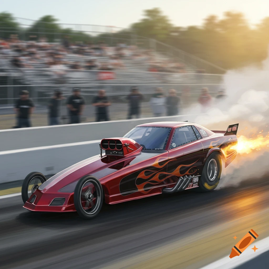 A red drag race car with flame decals speeds down a track, exhaust spewing smoke and fire, with blurred spectators in the background. Photorealistic.