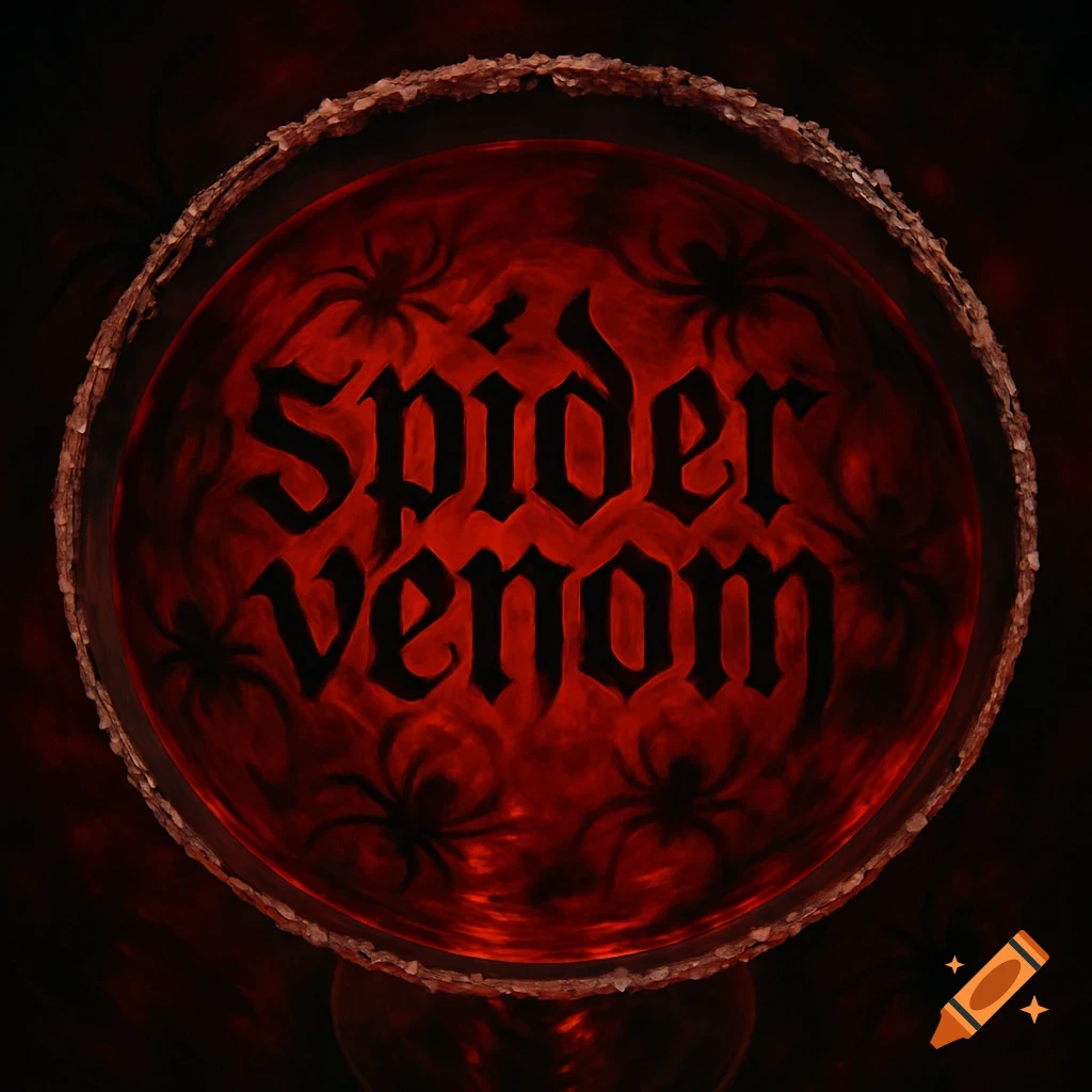 A top-down view of a glass with red liquid, featuring 'Spider venom' text and spider silhouettes, with a textured rim.