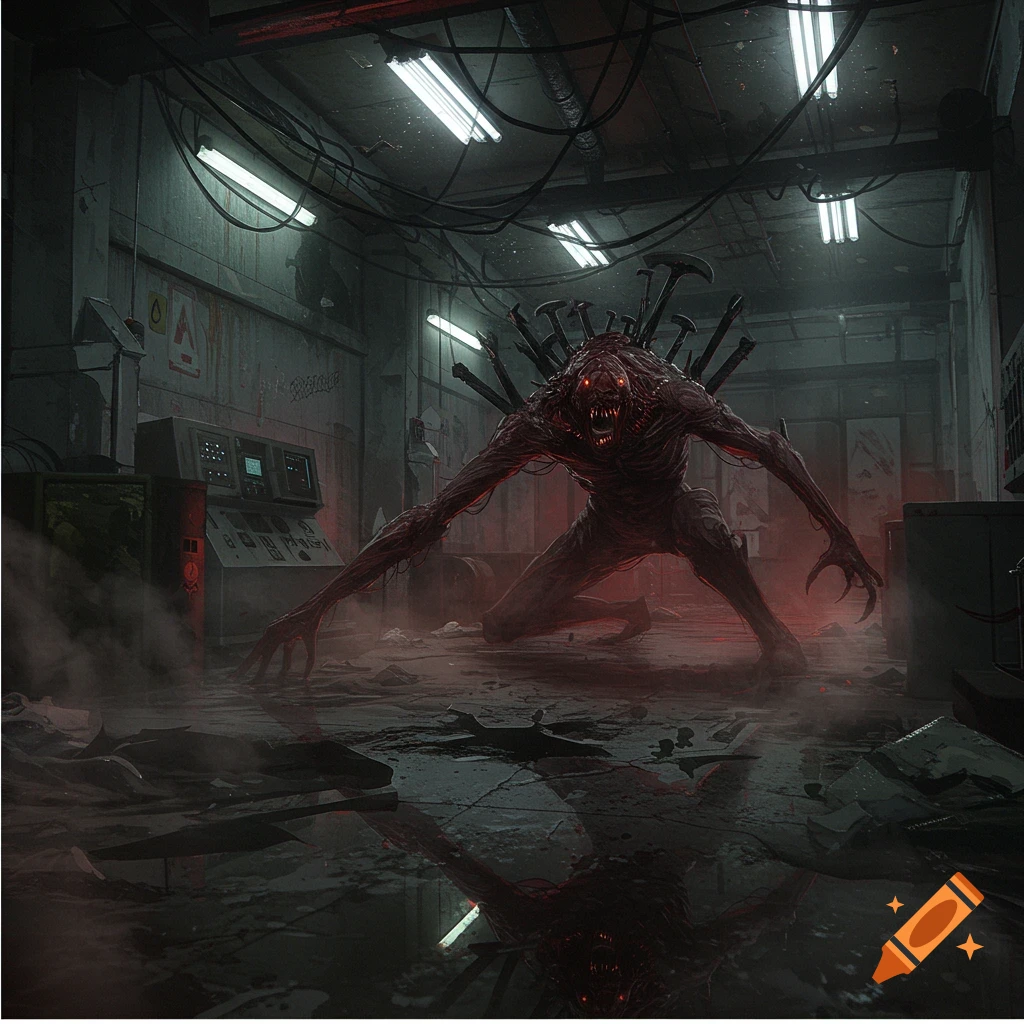 A dark, grotesque monster with glowing red eyes and spikes in its back crouches in a derelict, wires-filled industrial room with fluorescent lights.