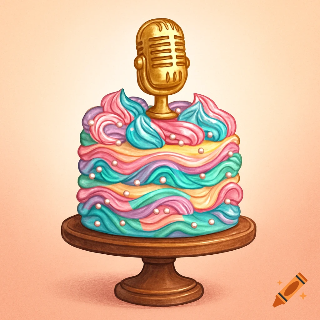 A colorful tiered cake with wavy pastel frosting layers, decorated with white pearls, topped with a golden vintage microphone, on a wooden cake stand.