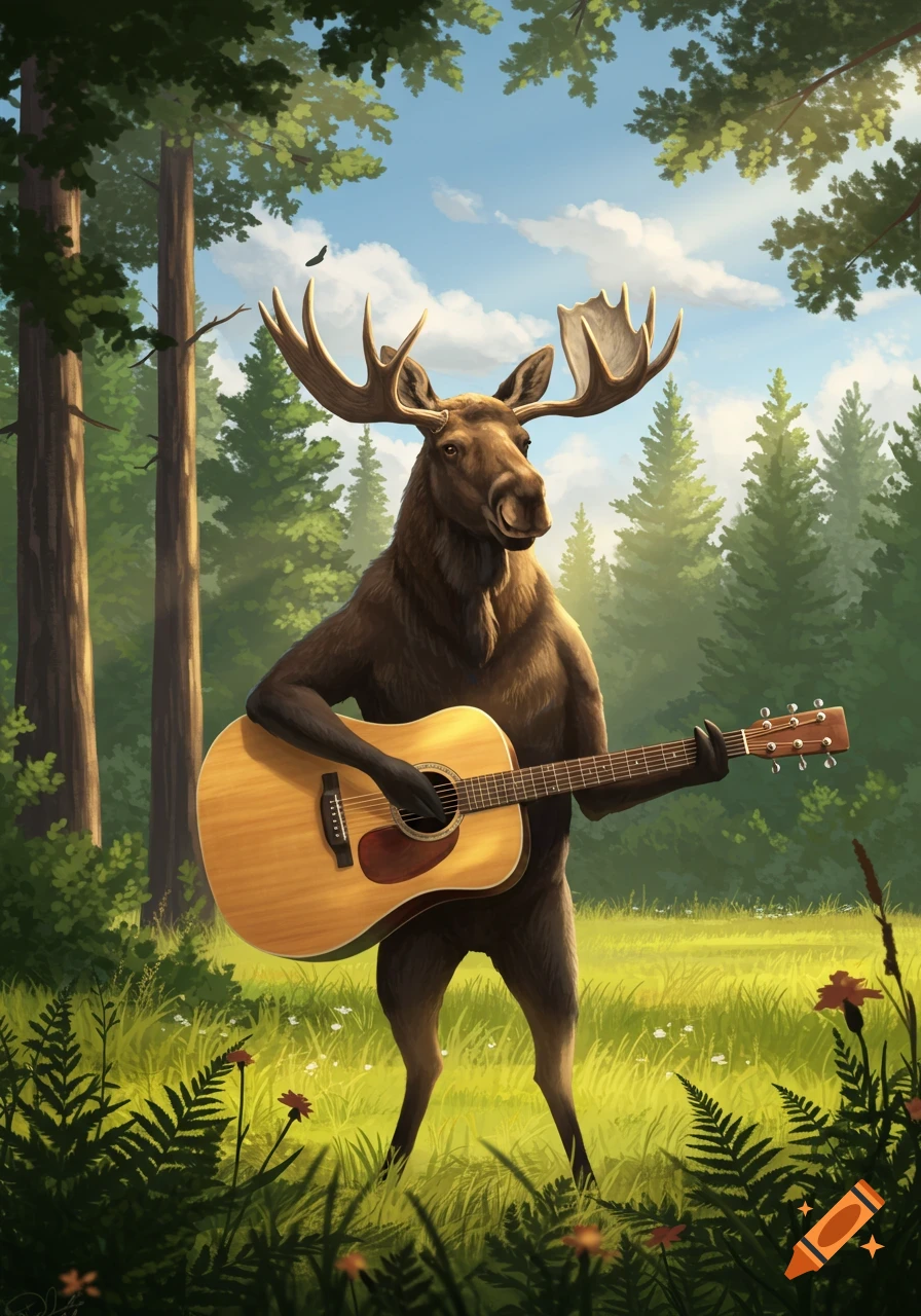 A cartoon-style moose stands in a forest clearing playing an acoustic guitar under a blue sky.