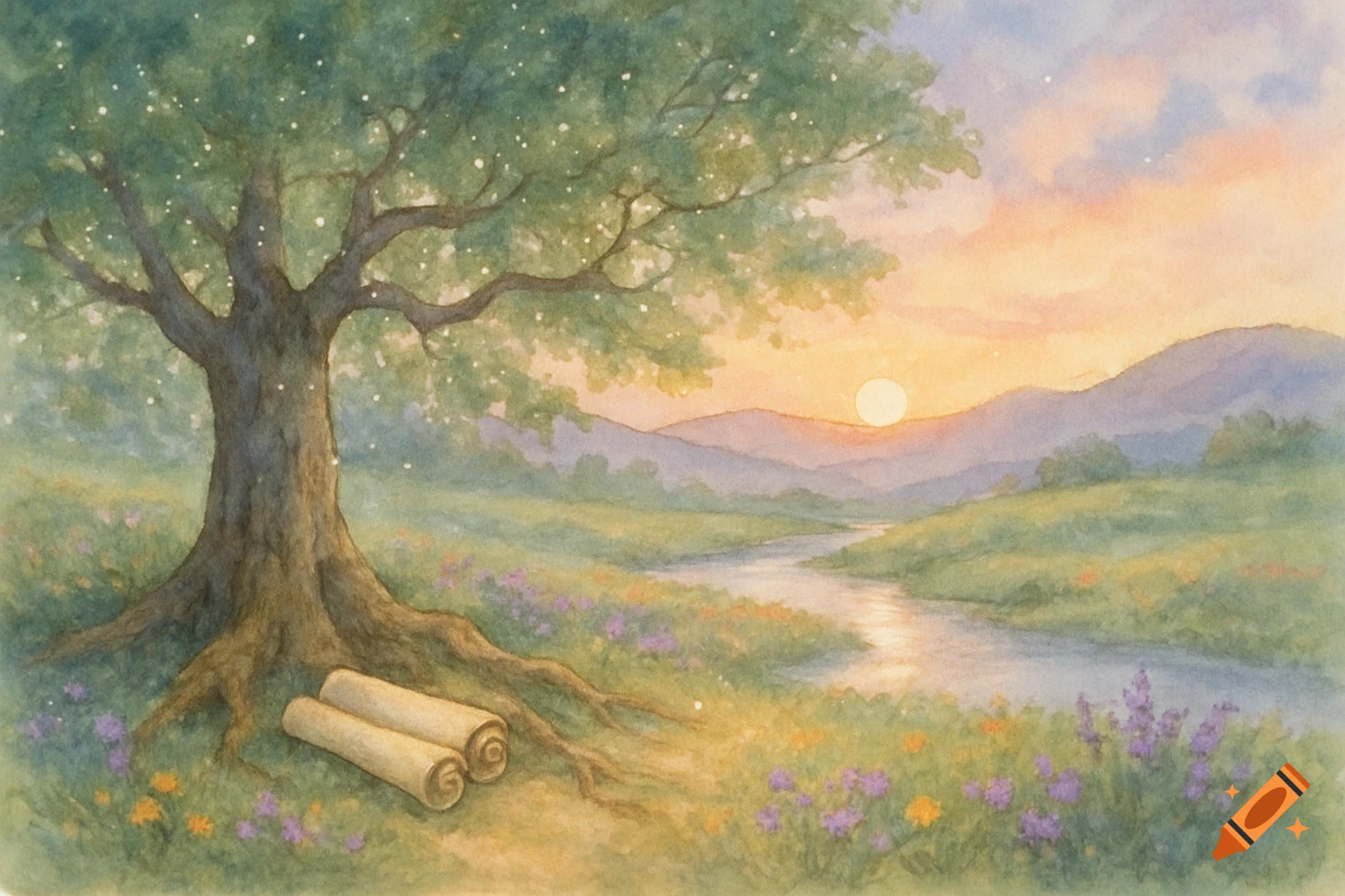 A serene watercolor painting depicts a large, verdant tree with glowing leaves by a tranquil river at sunset, with two scrolls at its base amidst wildflowers.